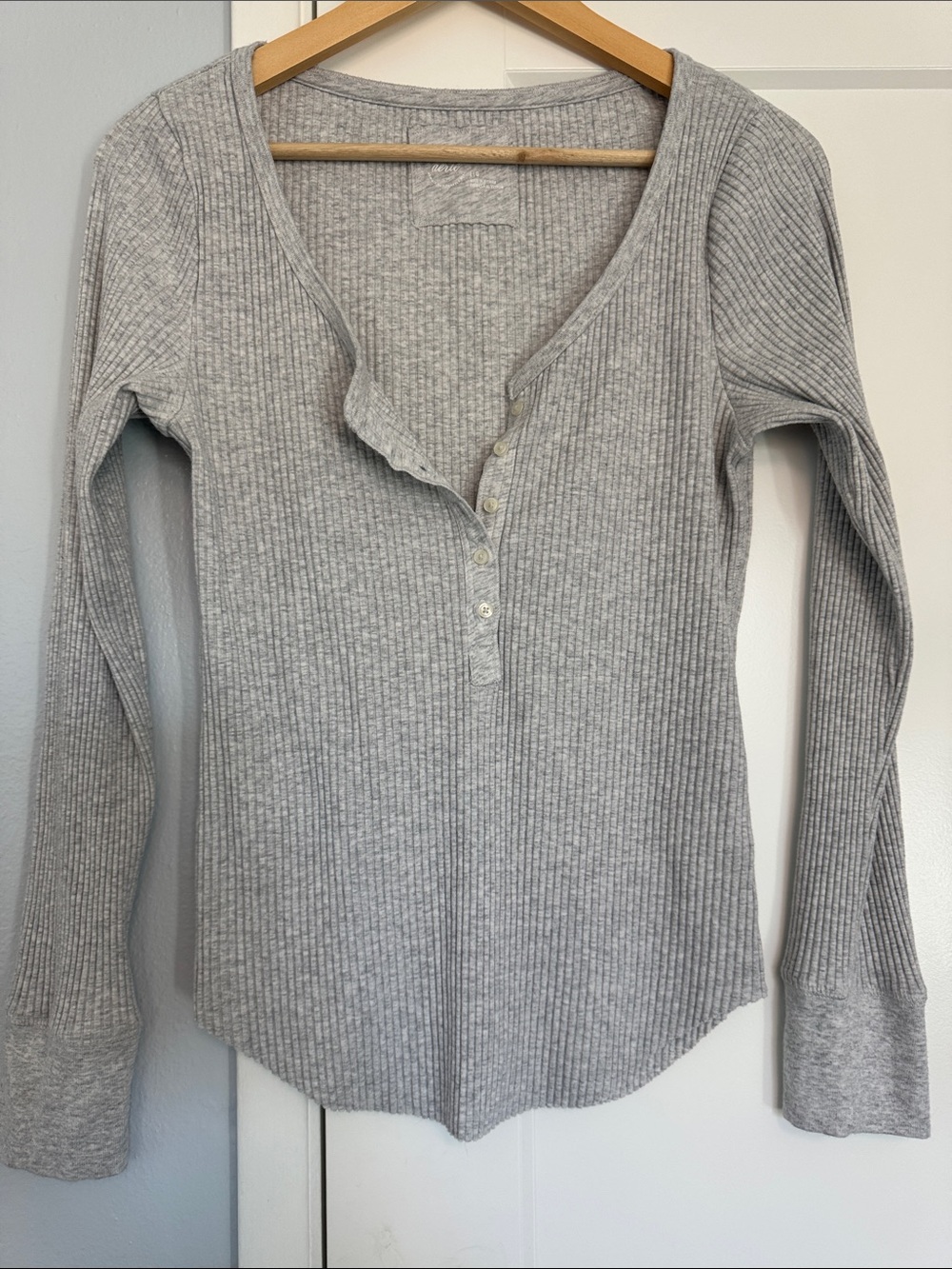Aerie Light Gray Ribbed Henley Long Sleeve Top